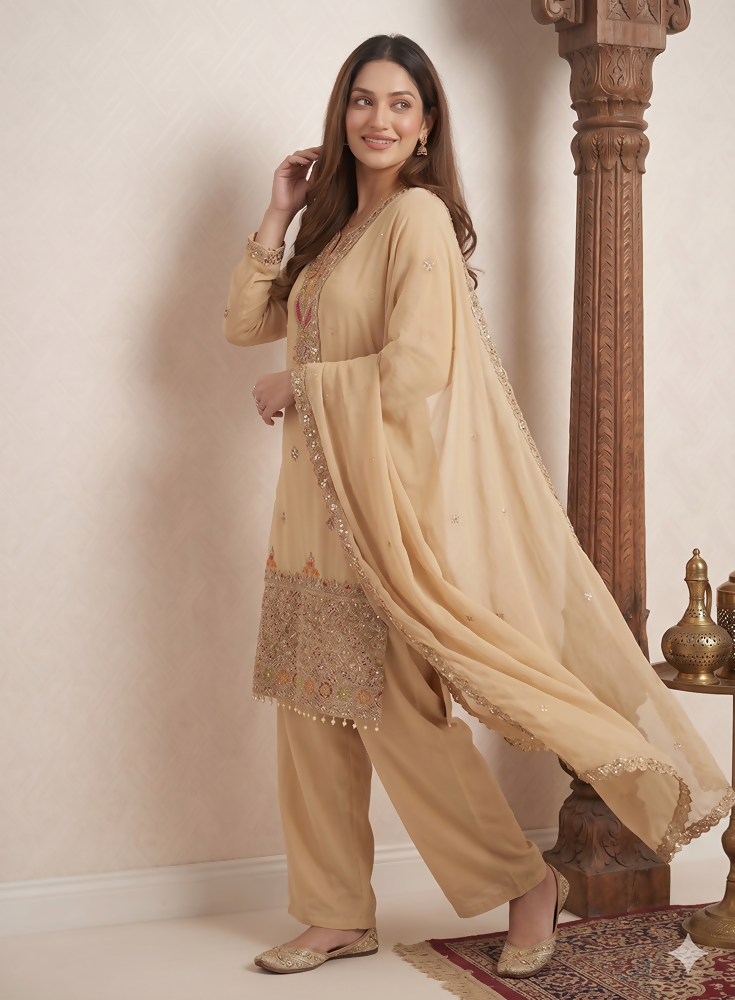 Teeya Creation Designer Beige Festive Palazzo Suit Set with Heavy Embroidery