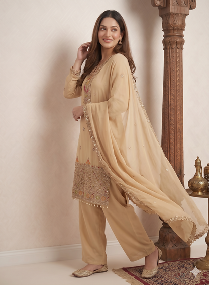 Teeya Creation Designer Beige Festive Palazzo Suit Set with Heavy Embroidery
