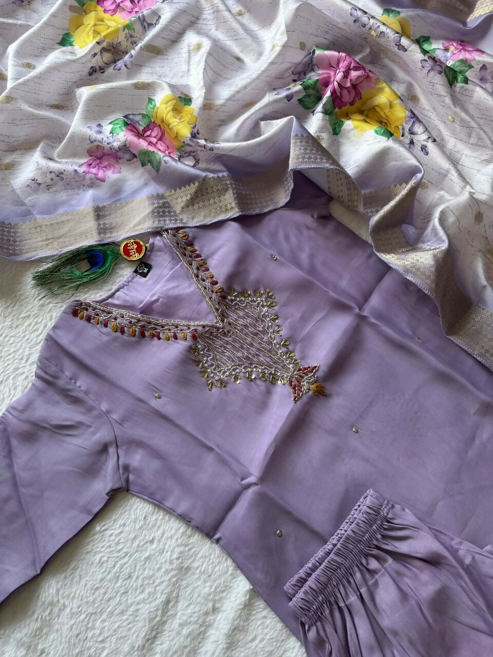 Teeya Creation Womens New Fancy Premium Mul Chanderi Kurta Set - Lavender