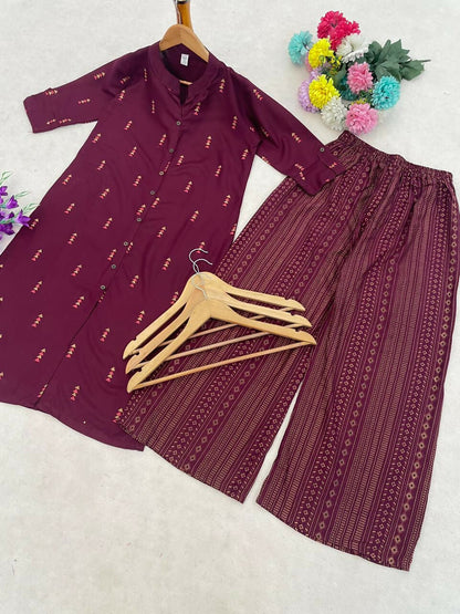 Teeya Creation Sophisticated Wine Colored Straight Kurta With Printed Palazzo Set