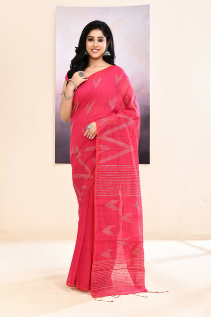 Piyari Fashion Women's Pink Embellished Cotton Blend Jamdani Saree