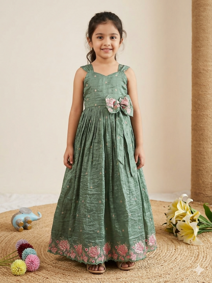 Teeya Creation New Kids Girls Premium Lavender Crinkled Silk Ethnic Gown with Floral Border and Waist Bow Accent