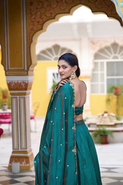 Lorenvalley Fashion Teal NC Silk Plain Lehenga Embroidery Work Choli with Dupatta