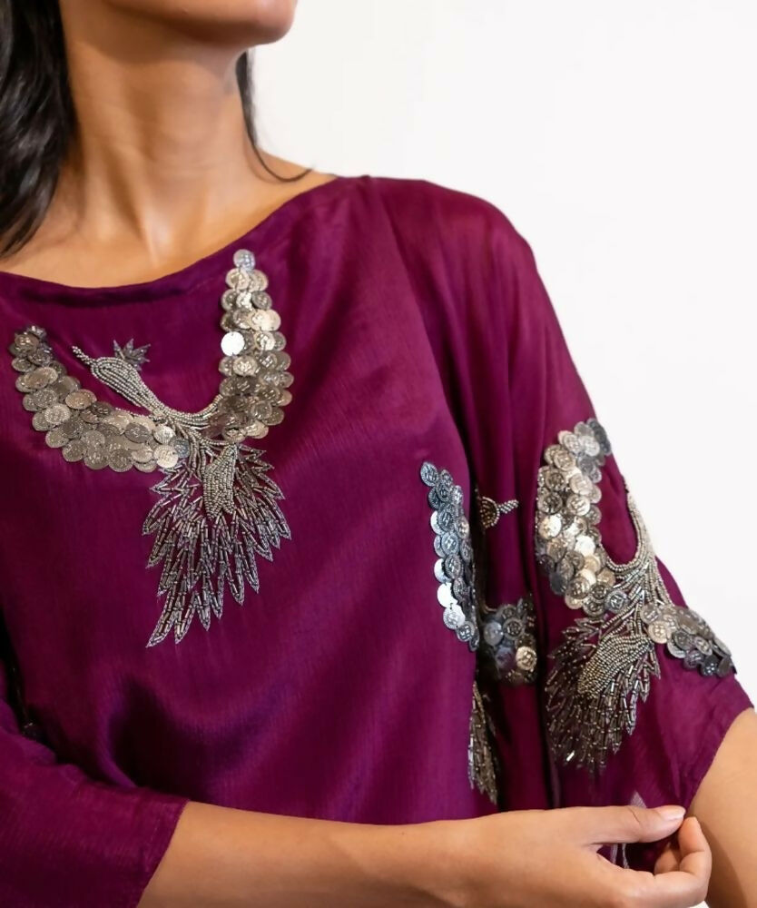 Timaraa Plum Hand Embellished Bird Kaftan Dress