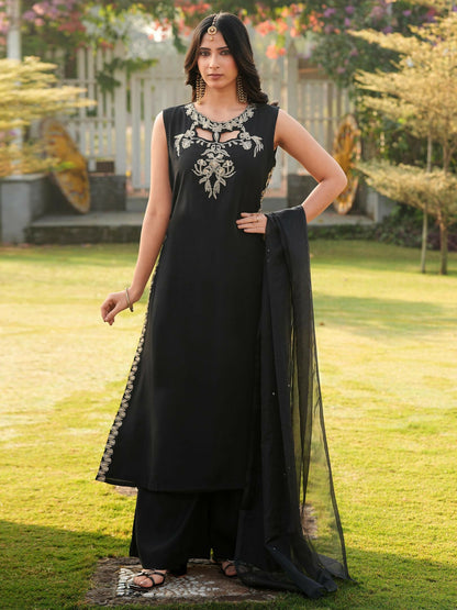 Nikhaar Black Embroidered Art Silk Stitched A Line Kurta Palazzo Dupatta Readymade Suit
