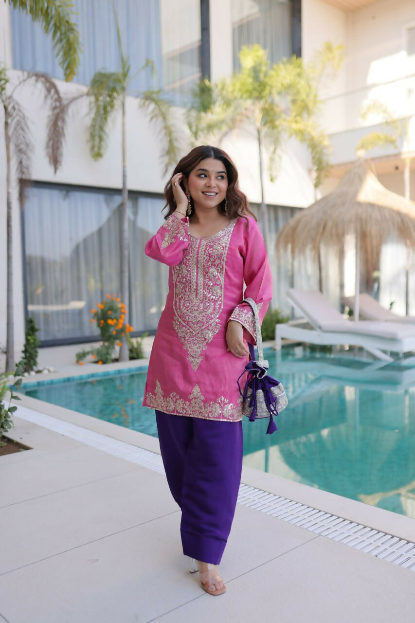 Teeya Creation Womens Wear Purple,Pink Color Viscose Fabric With Sequins & Coding Zari Embroidered Work Kurta Pant Set
