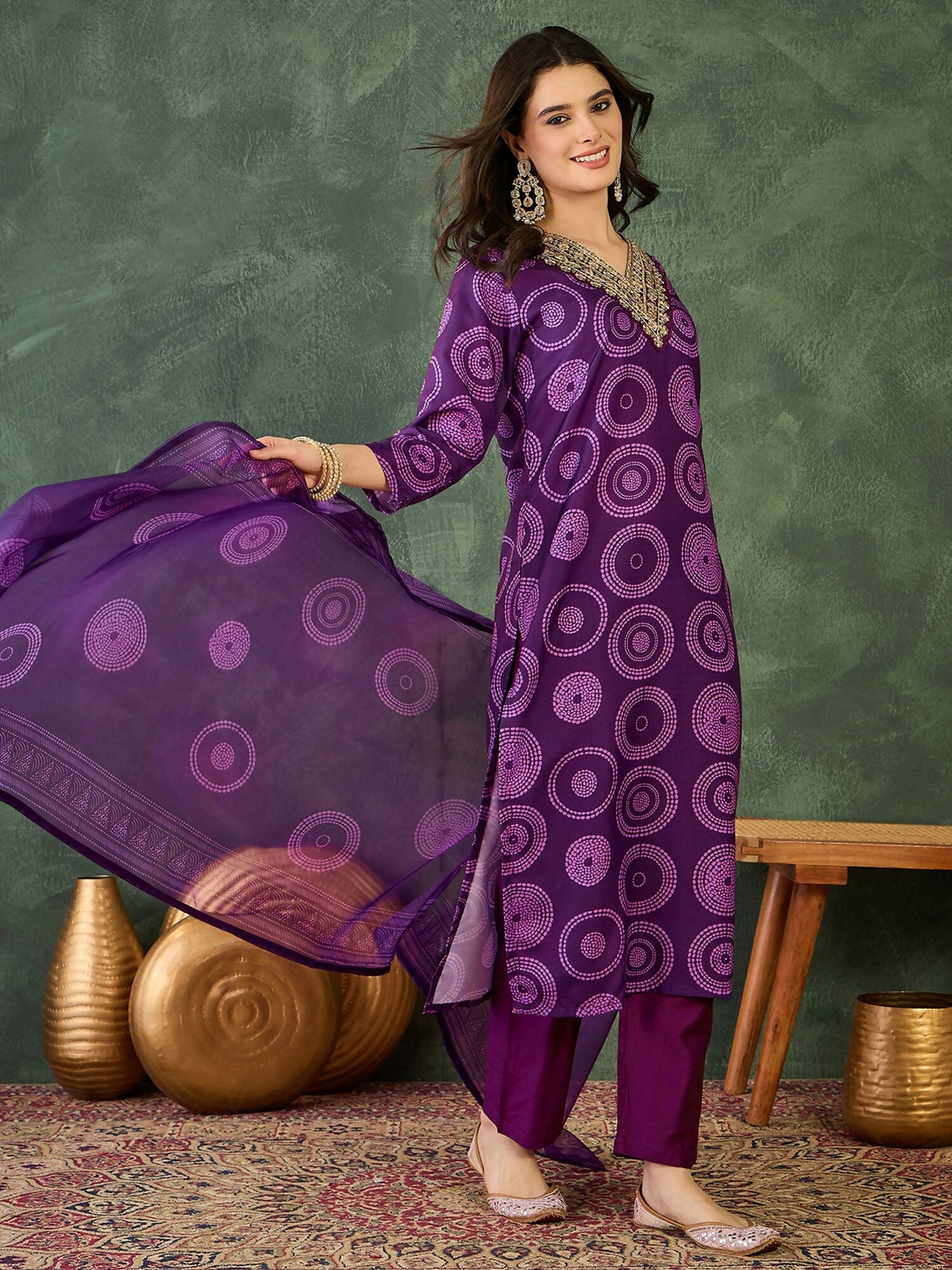 The52 Women's Gorgeous Rayon Embroidery Straight Kurta with Pant And Dupatta Set-Purple