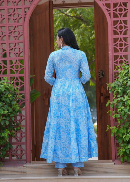 Jaimini Women Cotton Printed Mandarin Collar Neck Calf Length Flared Kurta Pant And Dupatta Set