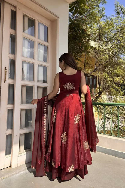 Teeya Creation Womens Best Heavy Quality Fabric With Met Sequence Embroidery Zari Work Maroon Gown Set