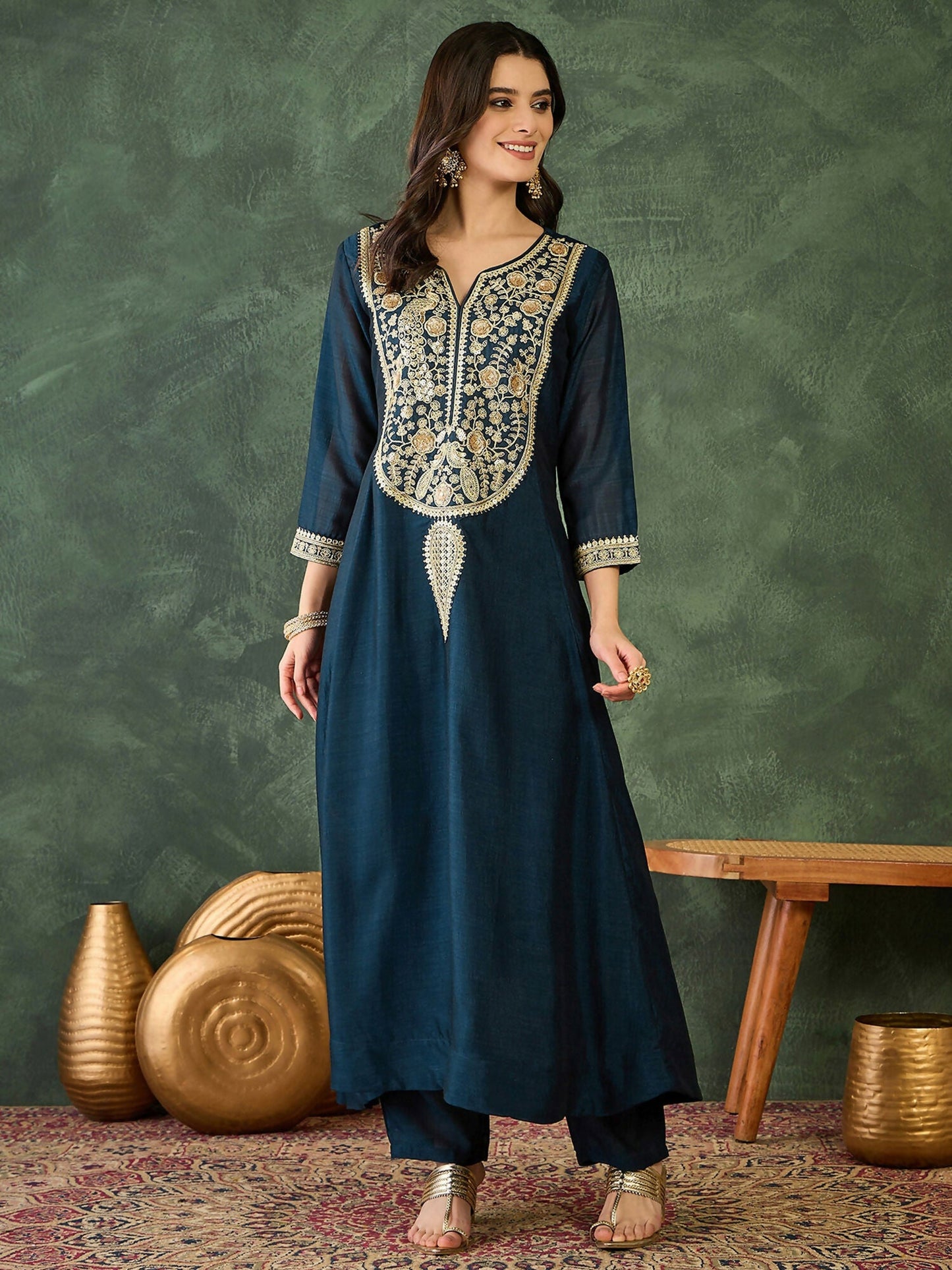 The52 Women's Beautiful Embroidery Work Vichitra Silk Fabric Flared Kurta Pant and Dupatta Set-Petrol