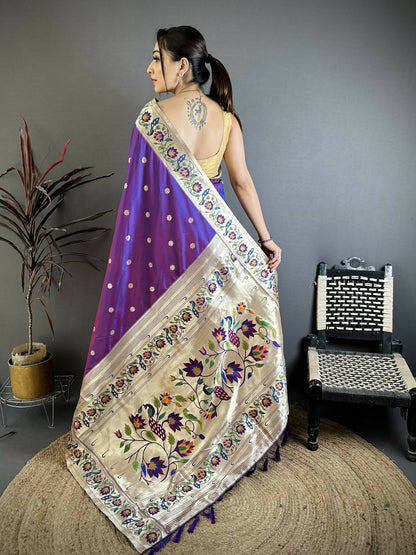 Prime Volt Premium Soft Silk Mayur Paithani Saree with Peacock Meena Weaving & Rich Pallu-Purple