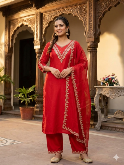 Teeya Creation New Womens Red Straight Cut Kurta Set with Scalloped Embroidered Organza Dupatta Set
