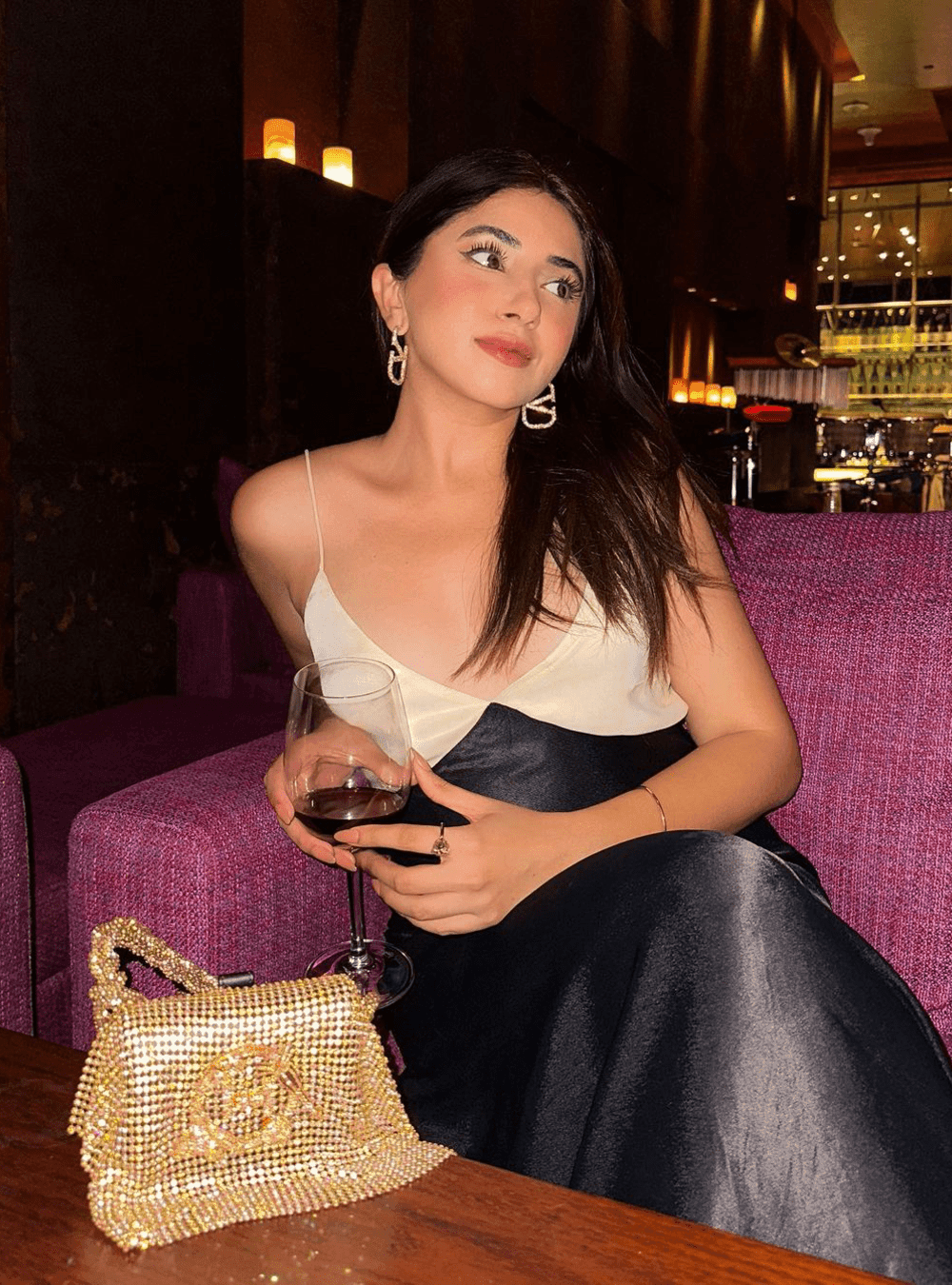Aashna Shroff Wearing Gold Rush Crystal Furbie Handbag