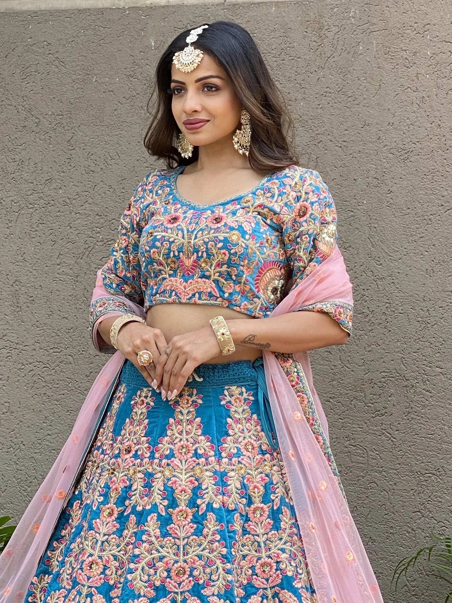 Tulsi Art Adorable Blue Embroidered Velvet Wedding Lehenga Choli With Dupatta