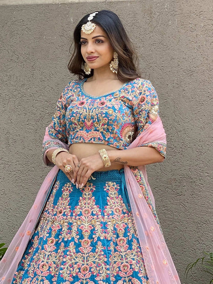Tulsi Art Adorable Blue Embroidered Velvet Wedding Lehenga Choli With Dupatta