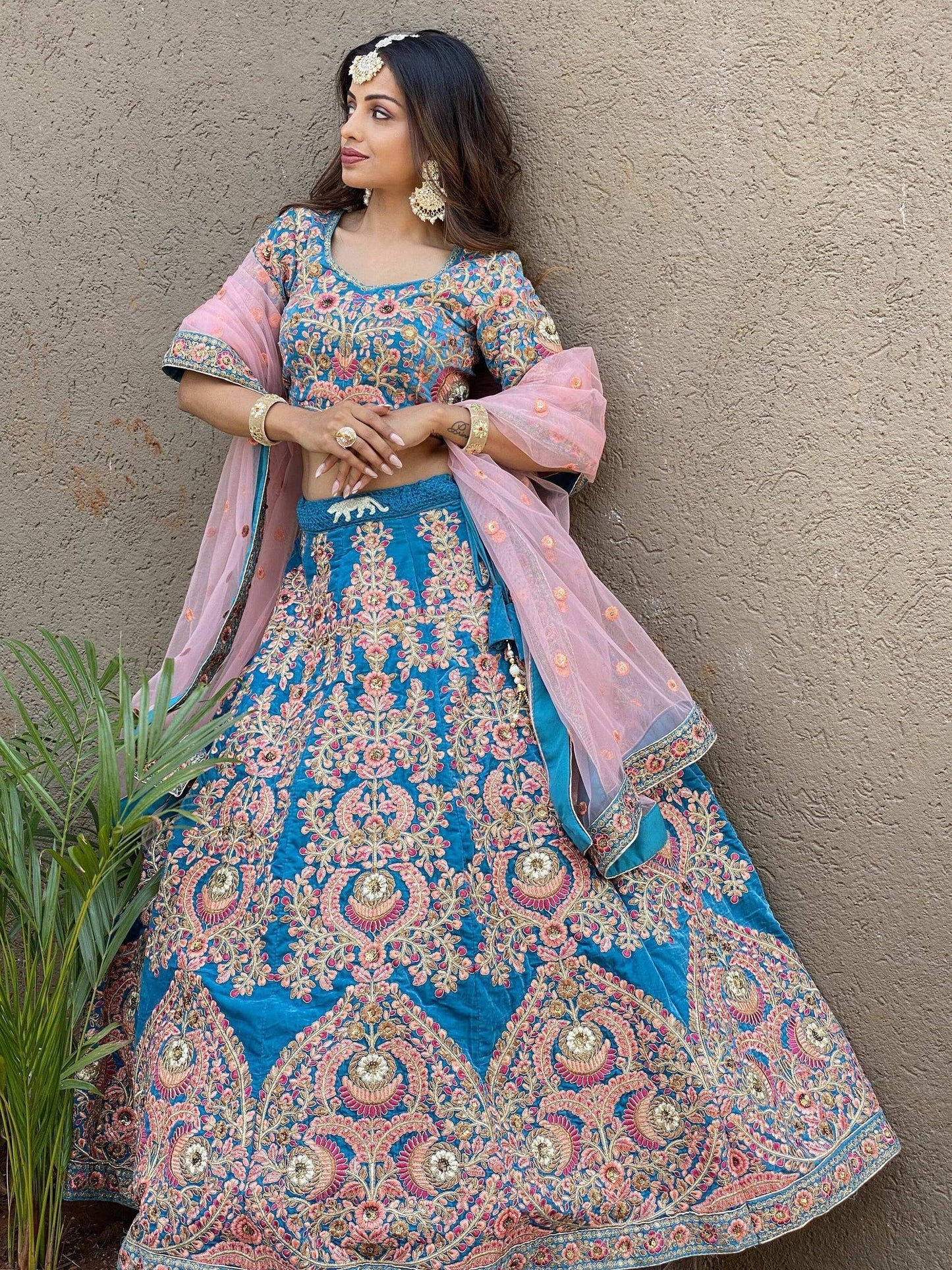 Tulsi Art Adorable Blue Embroidered Velvet Wedding Lehenga Choli With Dupatta