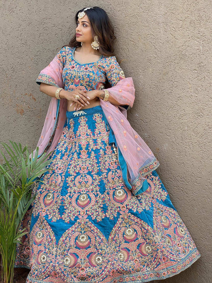 Tulsi Art Adorable Blue Embroidered Velvet Wedding Lehenga Choli With Dupatta