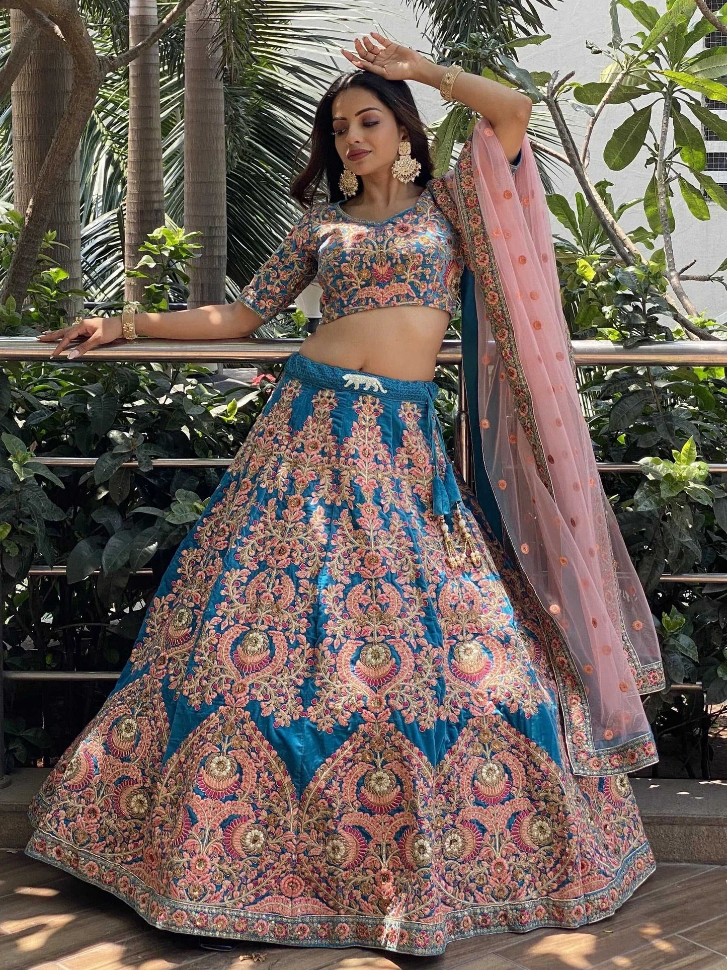 Tulsi Art Adorable Blue Embroidered Velvet Wedding Lehenga Choli With Dupatta