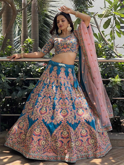 Tulsi Art Adorable Blue Embroidered Velvet Wedding Lehenga Choli With Dupatta