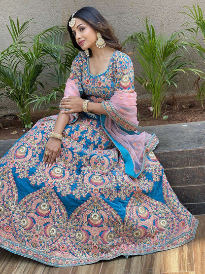 Tulsi Art Adorable Blue Embroidered Velvet Wedding Lehenga Choli With Dupatta