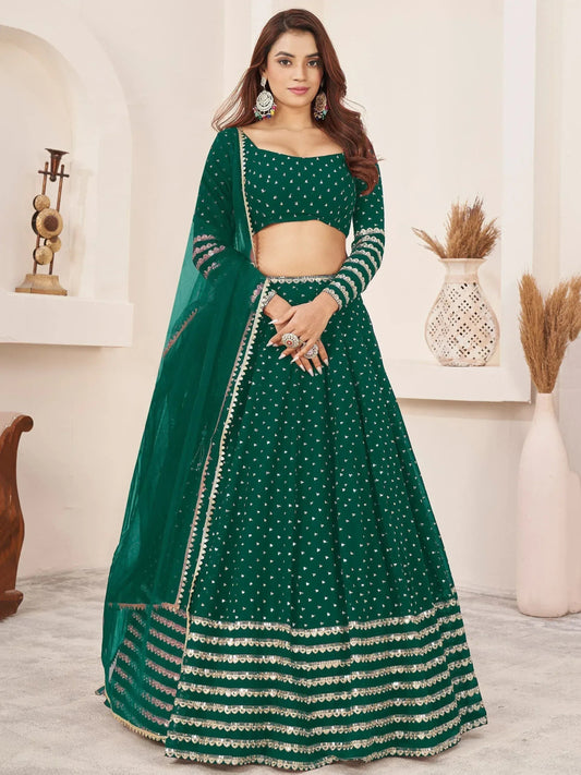 Tulsi Art Adorable Green Color Sequins Work Georgette Wedding Wear Lehenga Choli