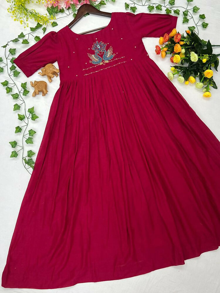 Teeya Creation Women's New Trendy Rani Pink Pleated Maxi Dress with Intricate Peacock Beadwork