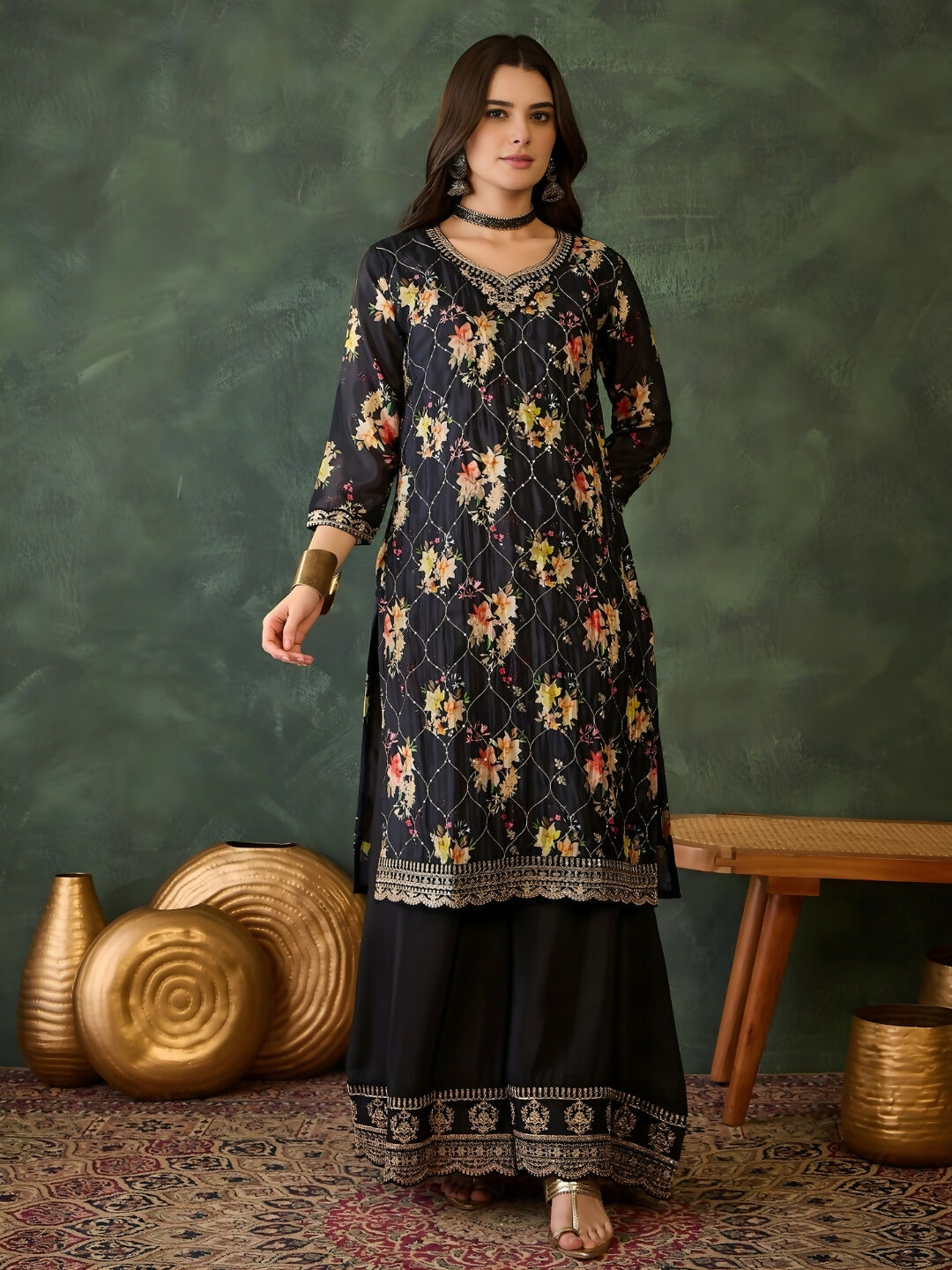 The52 Women's Gorgeous Embroidery Chinon Fabric Straight Kurta Palazzo and Dupatta Set-Black