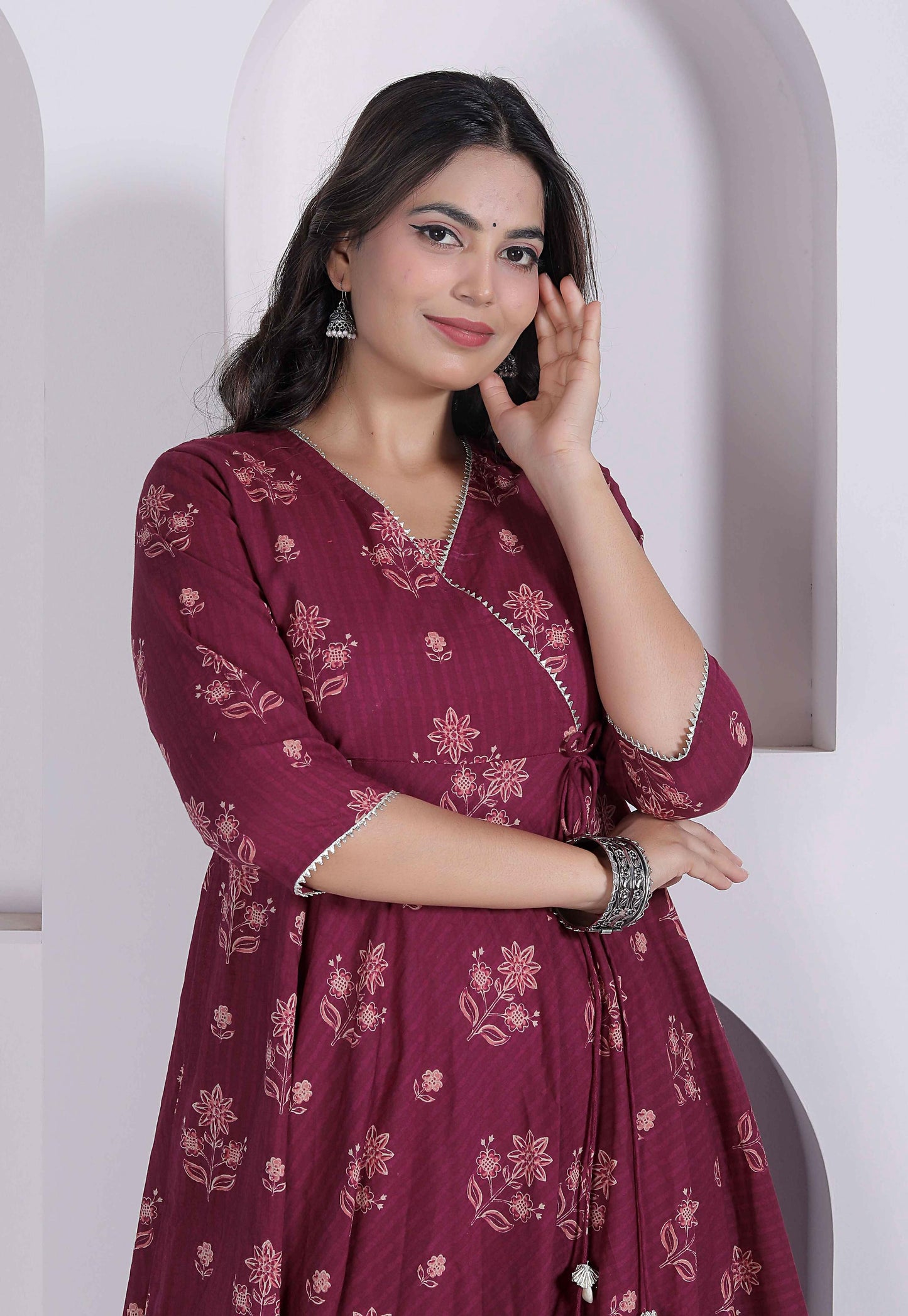 Miravan Womens Maroon Floral Printed Angrakha Style Kurta