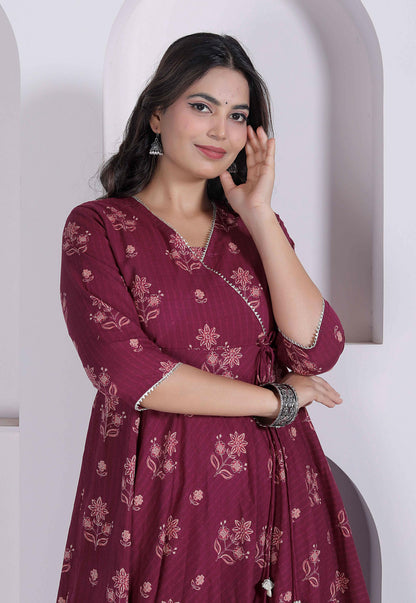 Miravan Womens Maroon Floral Printed Angrakha Style Kurta