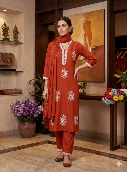 Teeya Creation Vibrant Orange Embroidered Kurti with Pant and Dupatta Set