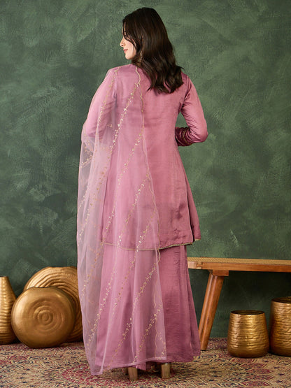 The52 Women's Gorgeous Embroidery Work Viscose Silk Fabric A-line Kurta Sharara and Dupatta Set-Onion