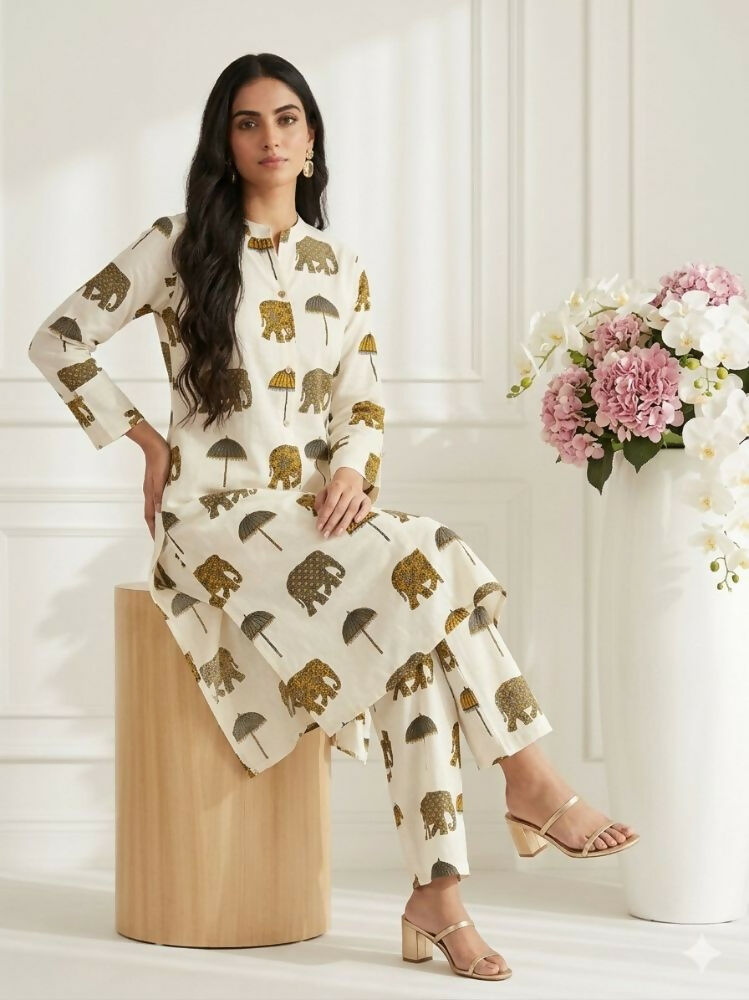 Teeya Creation Women New Trendy Off-White & Mustard Yellow Elephant Print Cotton Kurta with Palazzos