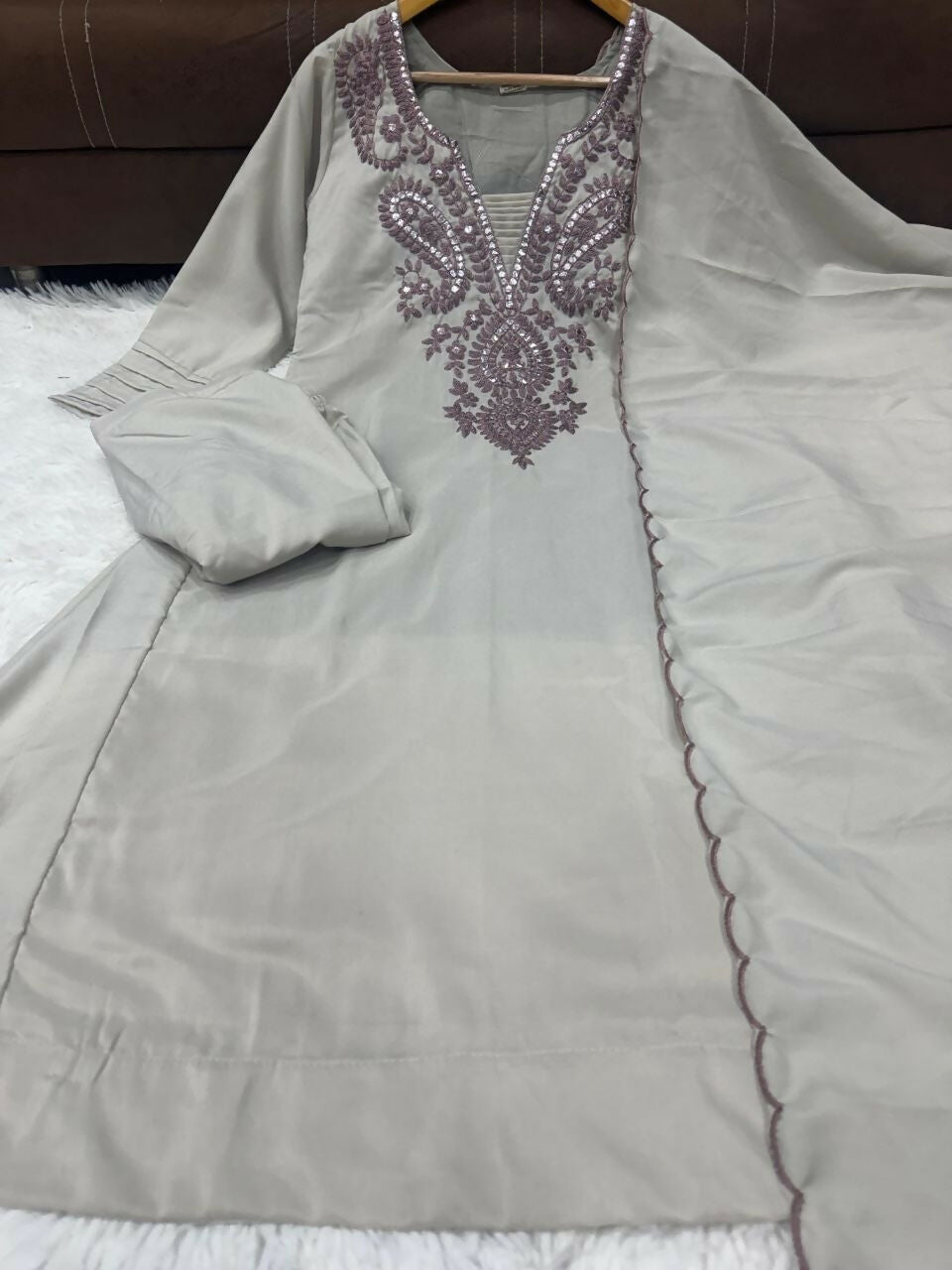 Teeya Creation Trends Grey Embroidered Kurta With Pant And Dupatta Set