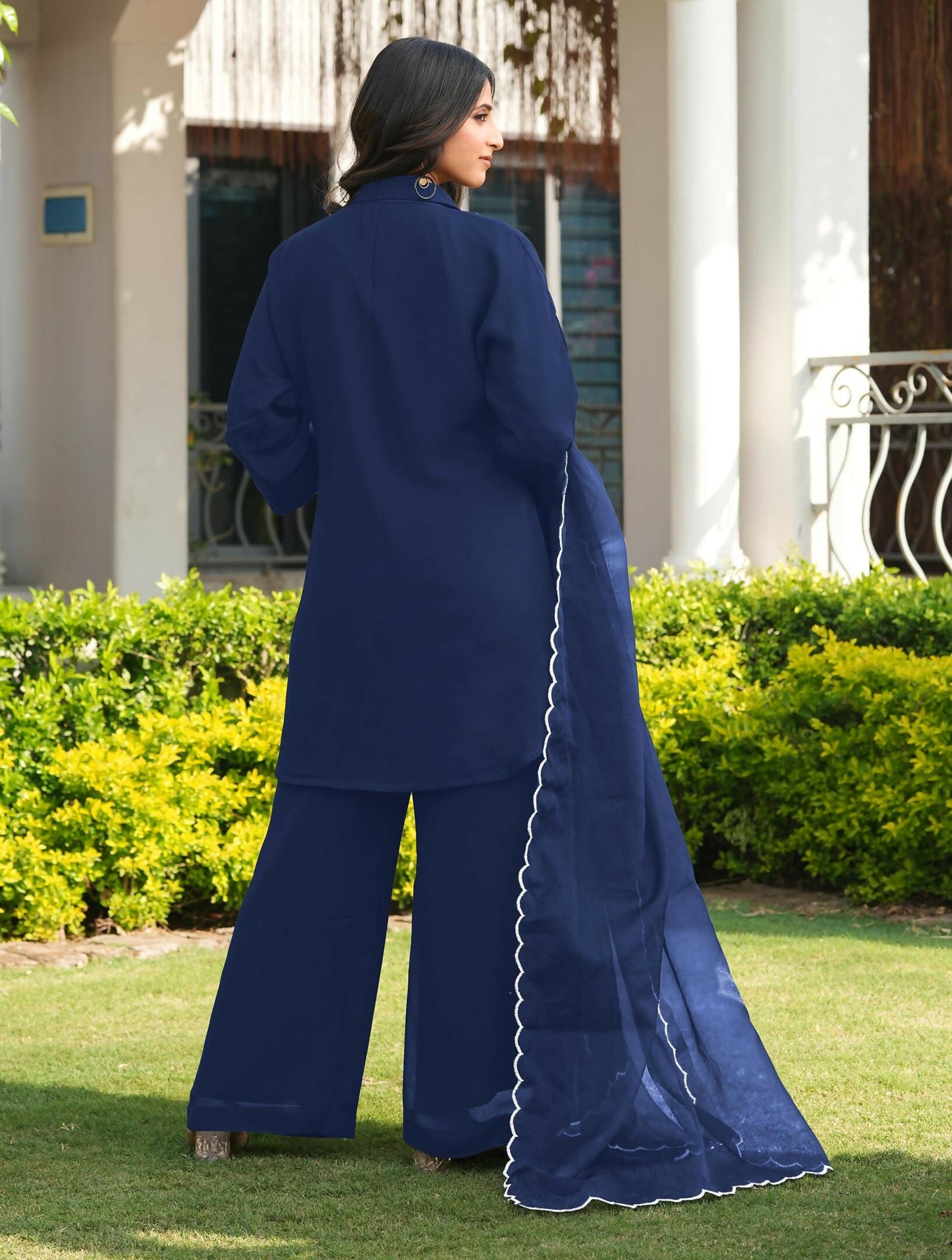 Nikhaar Navy Blue Embroidered Viscose Georgette Stitched Straight Cut Kurta Culottes Dupatta Readymade Suit