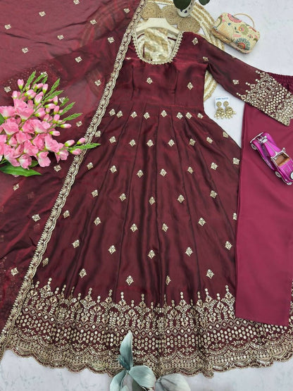 Teeya Creation Womens New Regal Maroon Embroidered Anarkali Gown Set