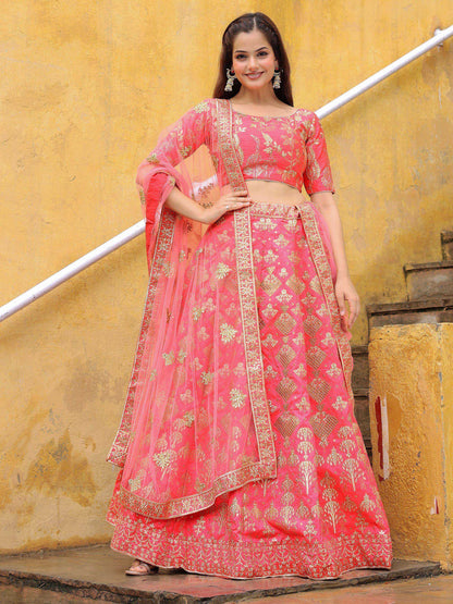 Tulsi Art Alluring Peach Embroidered Silk Reception Lehenga Choli With Dupatta
