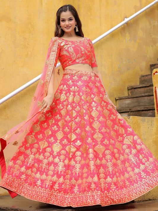 Tulsi Art Alluring Peach Embroidered Silk Reception Lehenga Choli With Dupatta