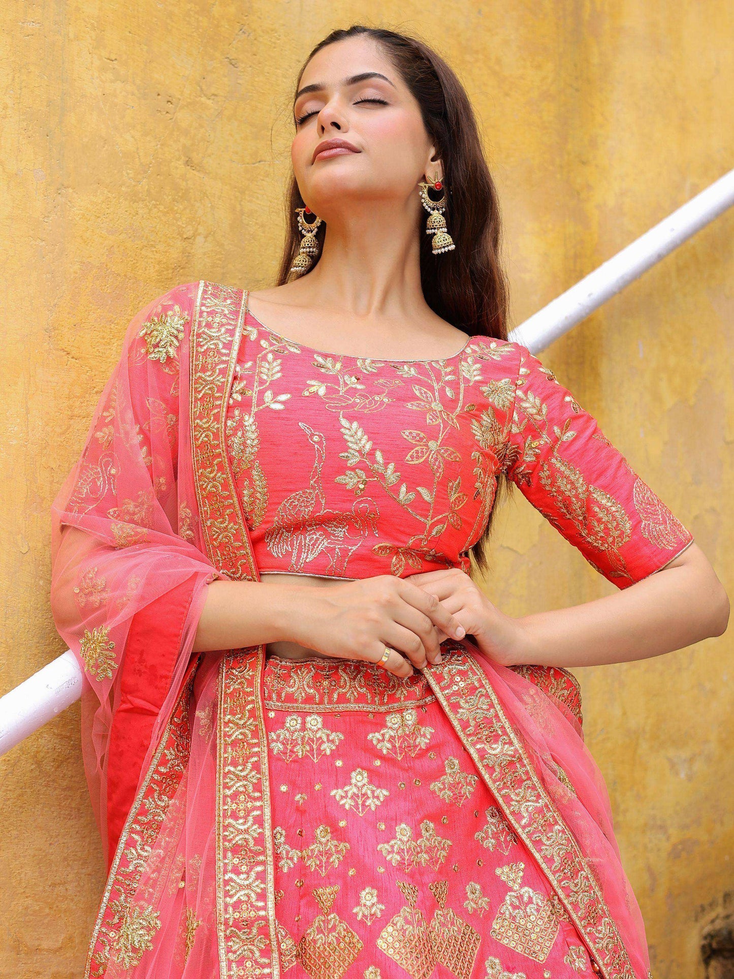 Tulsi Art Alluring Peach Embroidered Silk Reception Lehenga Choli With Dupatta