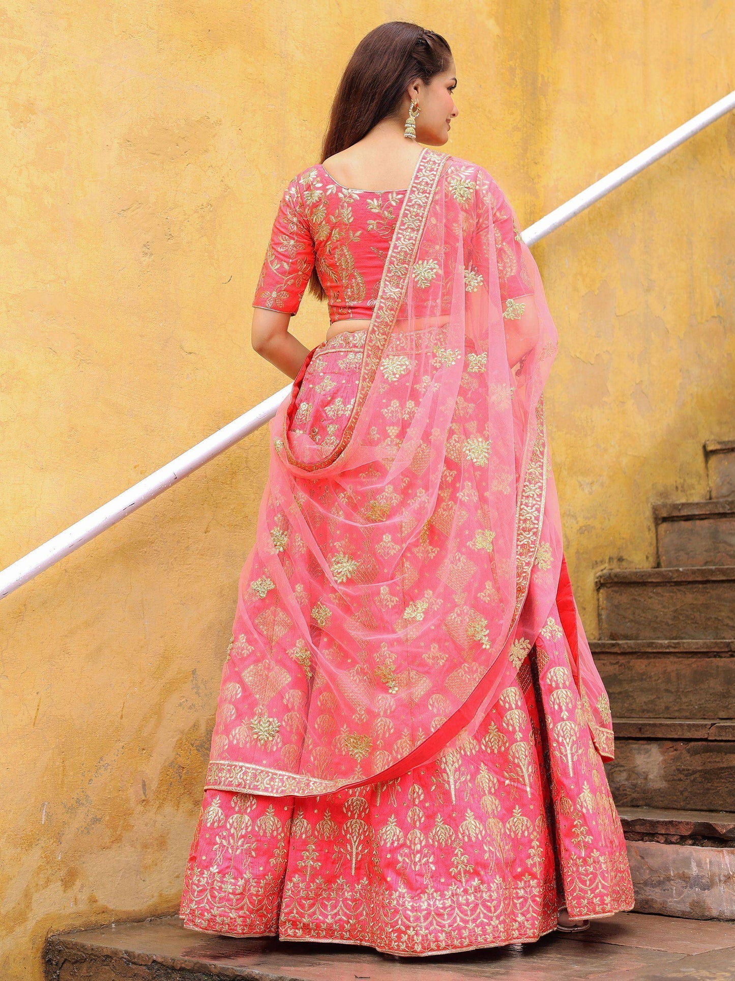 Tulsi Art Alluring Peach Embroidered Silk Reception Lehenga Choli With Dupatta