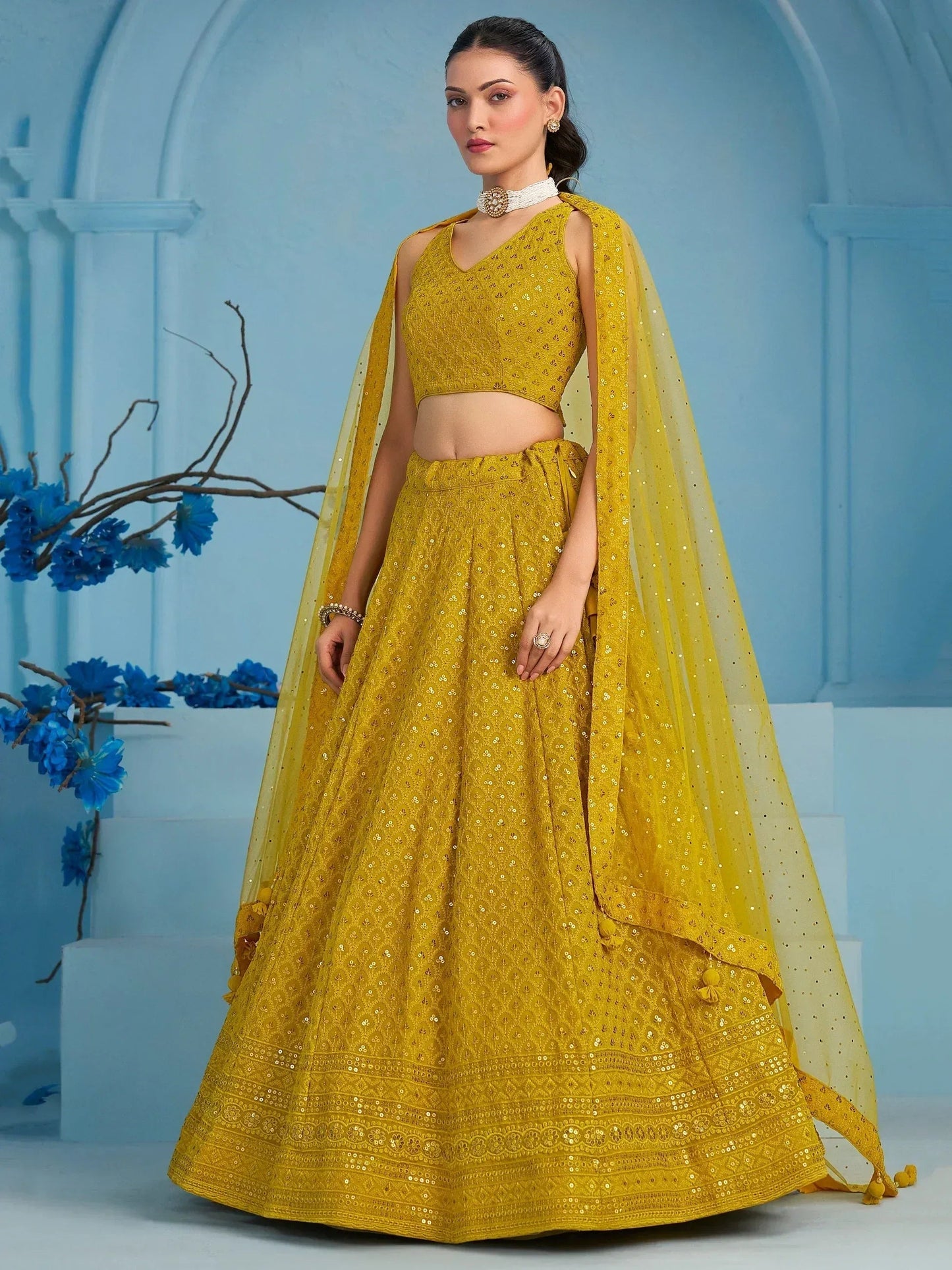 Tulsi Art Alluring Yellow Sequins Work Georgette Haldi Wear Lehenga Choli