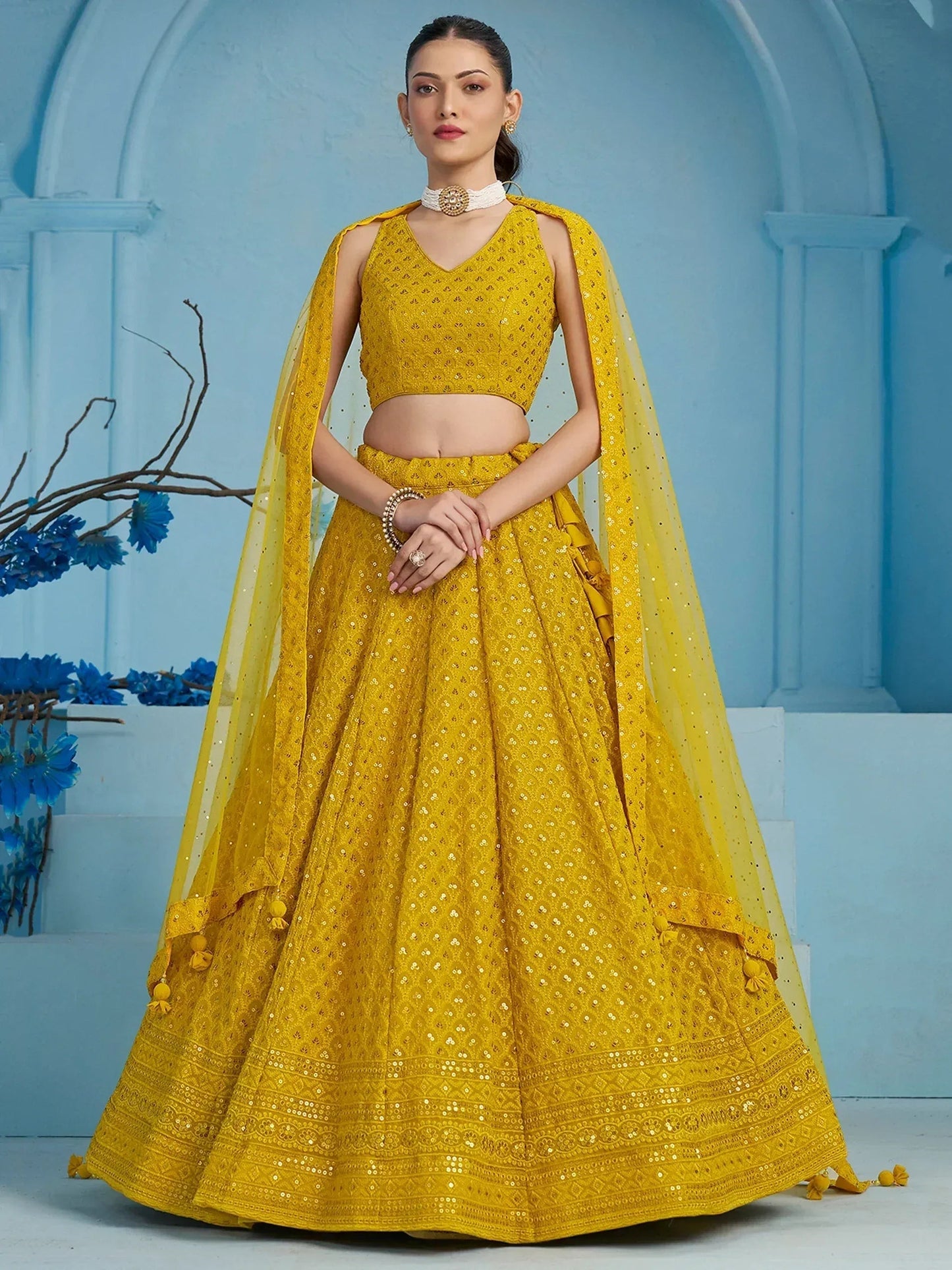 Tulsi Art Alluring Yellow Sequins Work Georgette Haldi Wear Lehenga Choli