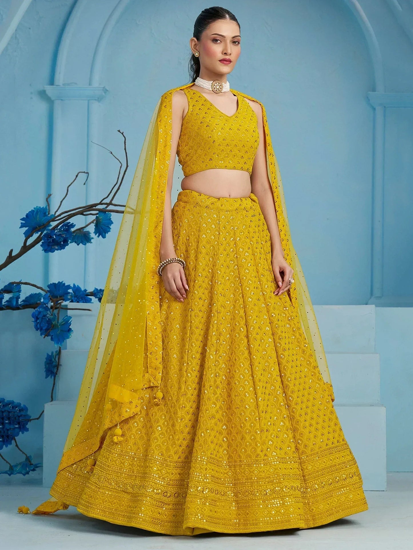 Tulsi Art Alluring Yellow Sequins Work Georgette Haldi Wear Lehenga Choli