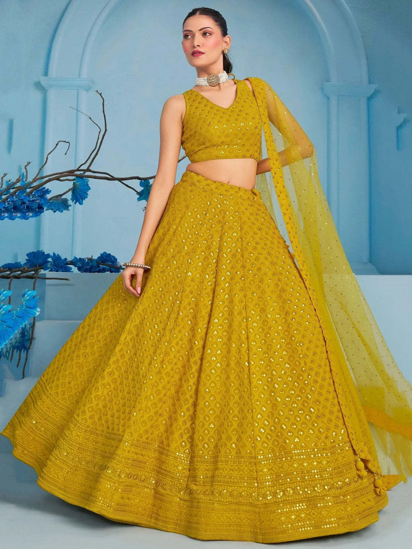 Tulsi Art Alluring Yellow Sequins Work Georgette Haldi Wear Lehenga Choli