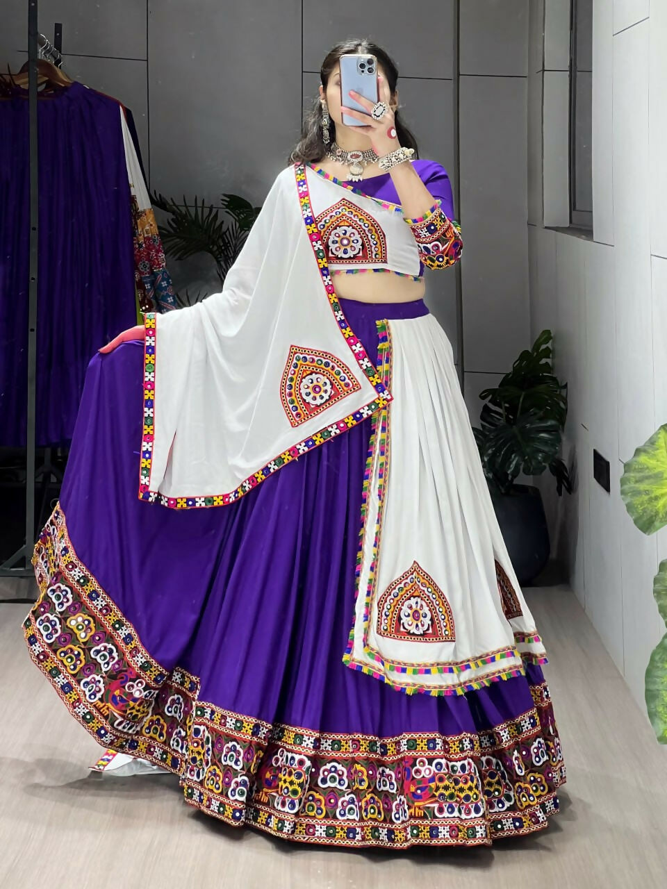 Yash Enterprise Purple White Rayon Cotton Embroidery Semi Stitched Navratri Top Chaniya Choli