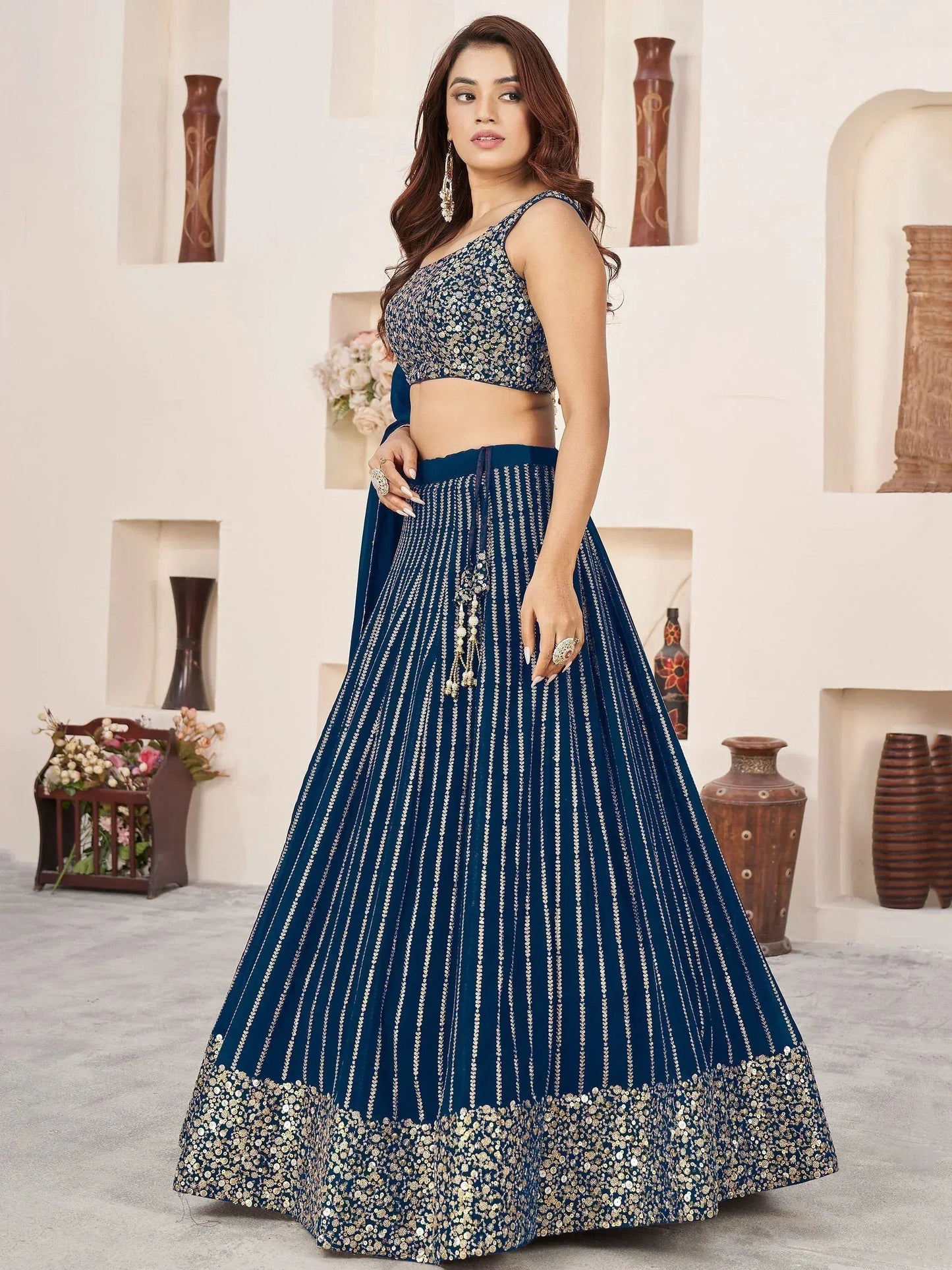 Tulsi Art Amazingâ Blue Sequins Work Georgette Engagement Wear Lehenga Choli