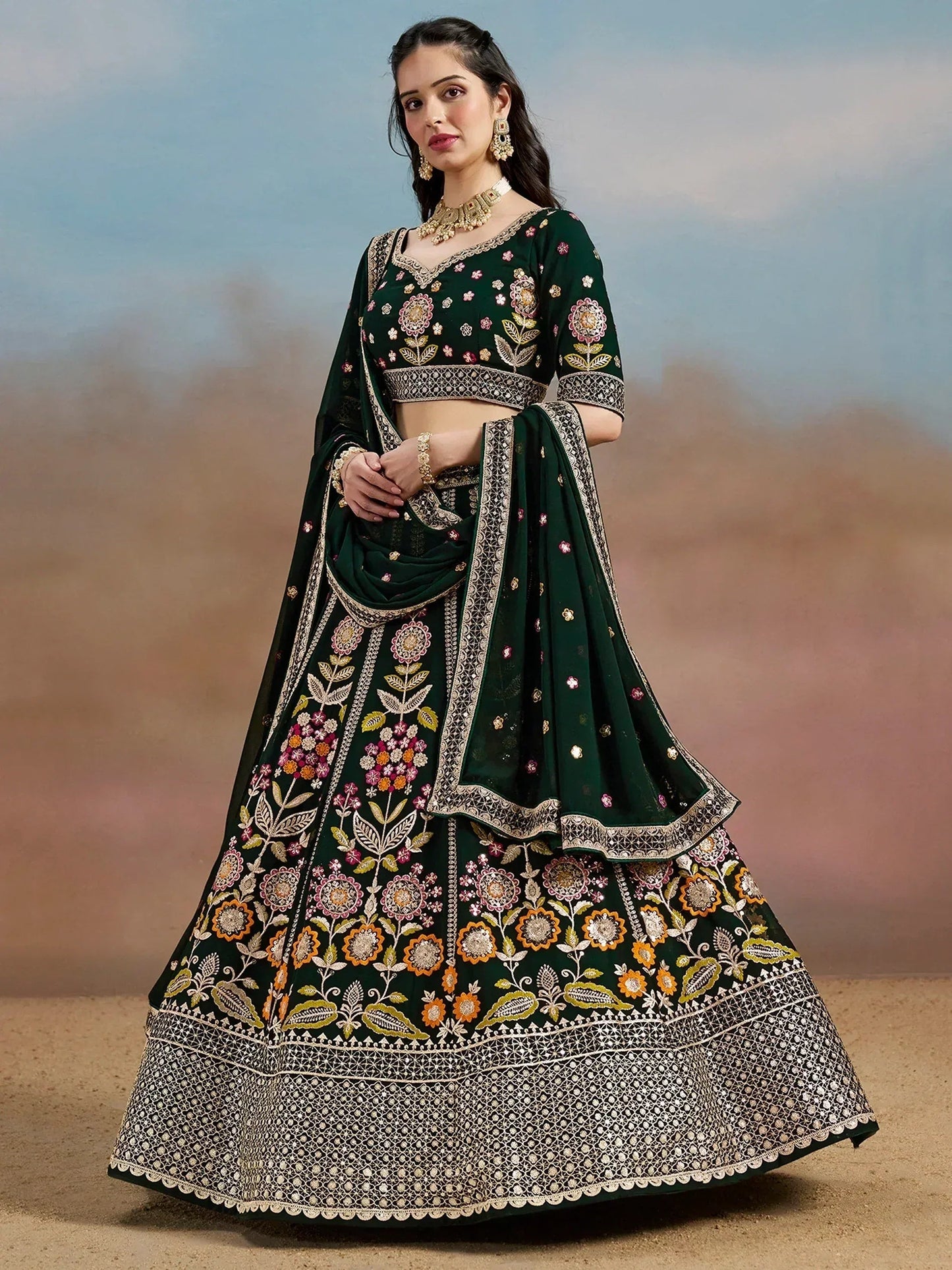 Tulsi Art Amazing Green Sequins Georgette Mehendi Wear Lehenga Choli With Dupatta