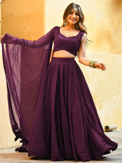 Tulsi Art Amazing Wine Sequins Georgette Wedding Lehenga Choli With Dupatta