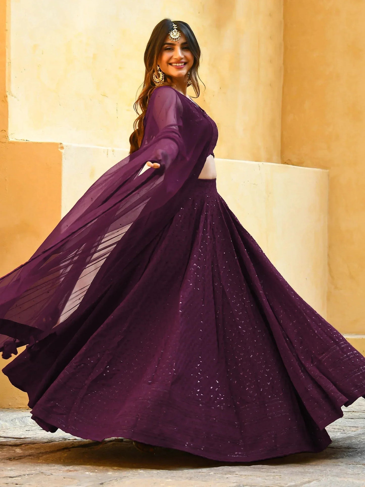 Tulsi Art Amazing Wine Sequins Georgette Wedding Lehenga Choli With Dupatta