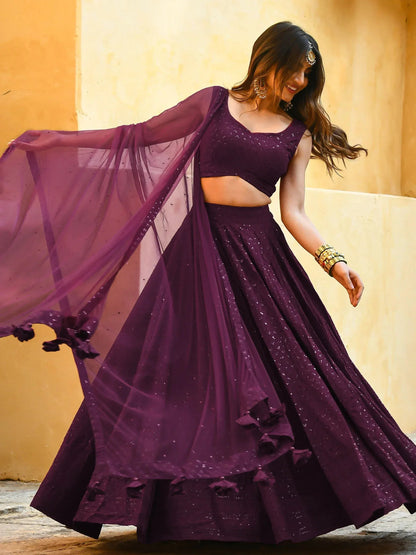 Tulsi Art Amazing Wine Sequins Georgette Wedding Lehenga Choli With Dupatta
