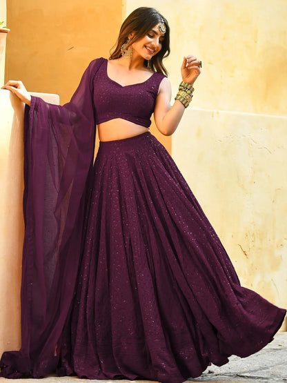 Tulsi Art Amazing Wine Sequins Georgette Wedding Lehenga Choli With Dupatta